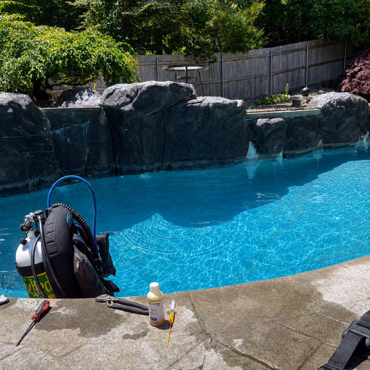 Outdoor pool with scuba gear, tools, and chemical bottle on the concrete poolside deck.