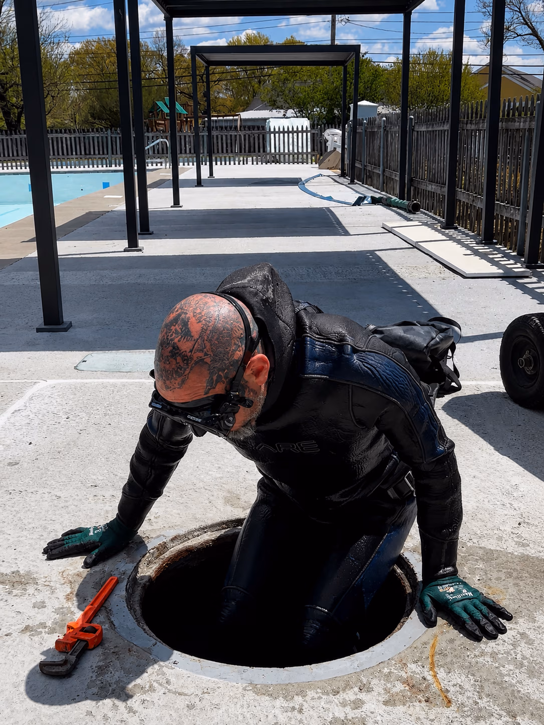 Tattooed diver in wetsuit and gloves climbing out of a manhole on a concrete surface near a pool.