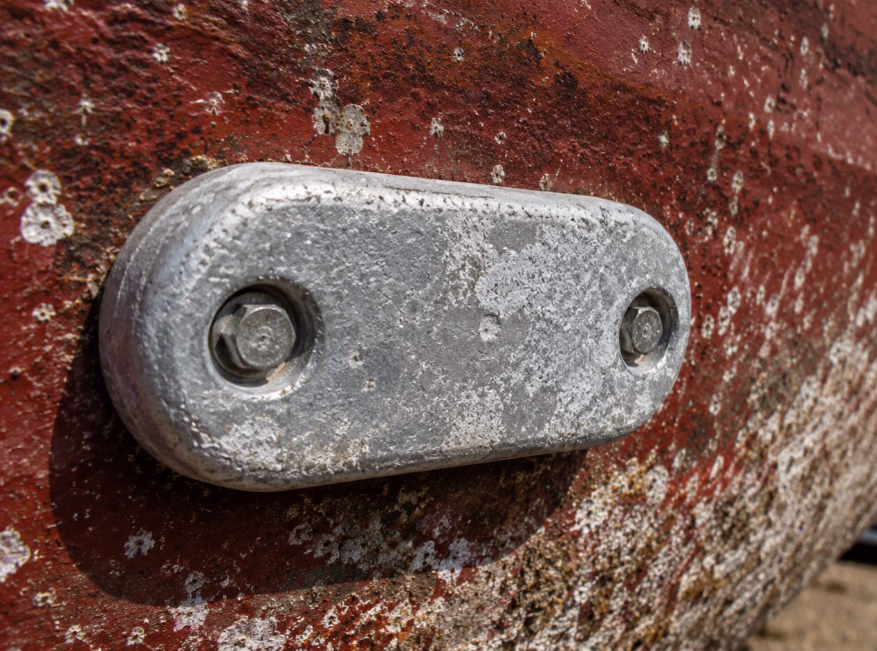 Close-up of a weathered metal plate with bolts attached to a rusty red surface covered in barnacles.